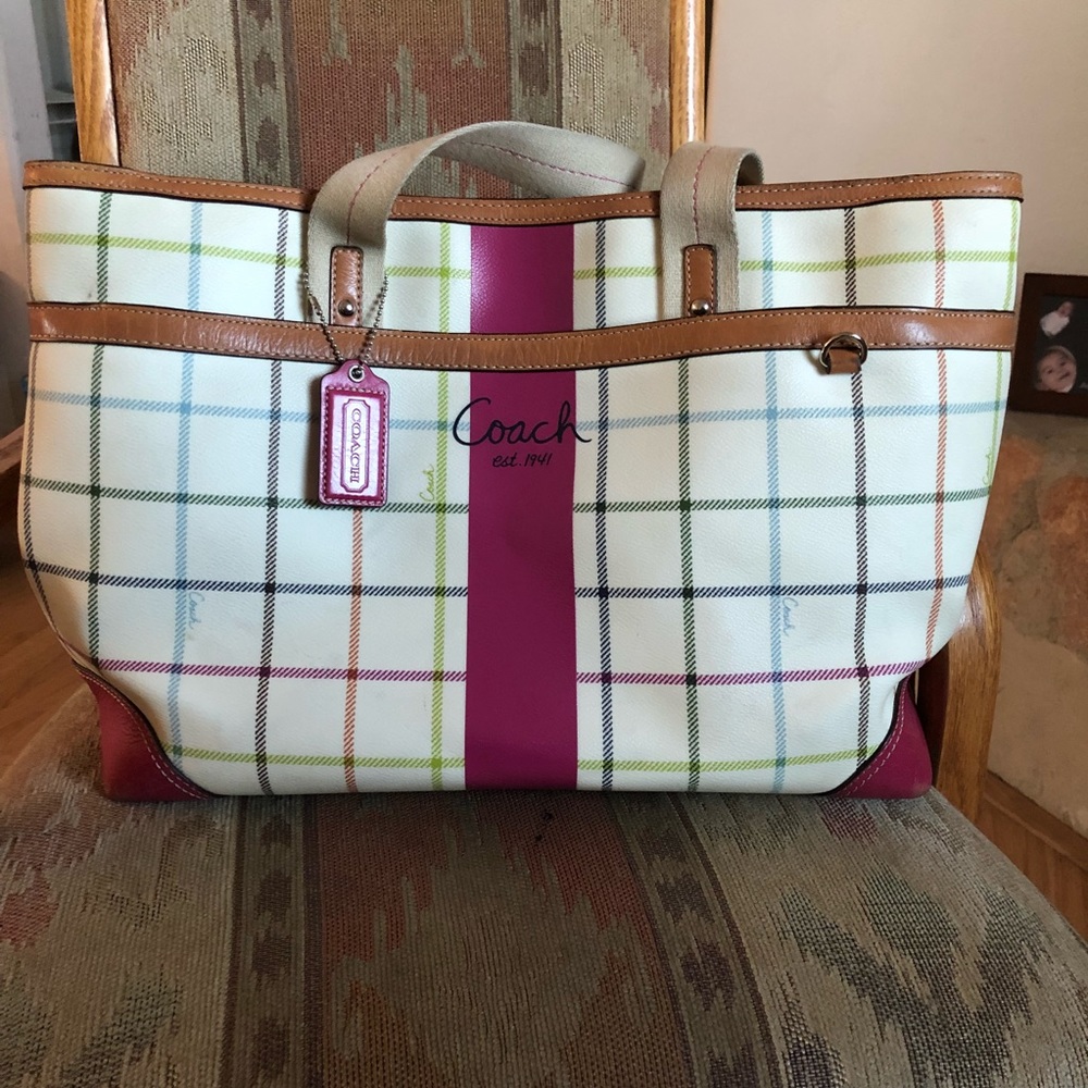 Authentic large cute Coach plaid tote